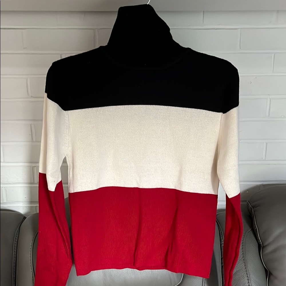 Twiggy Color Block Turtleneck Sweater - Black, White, and Red